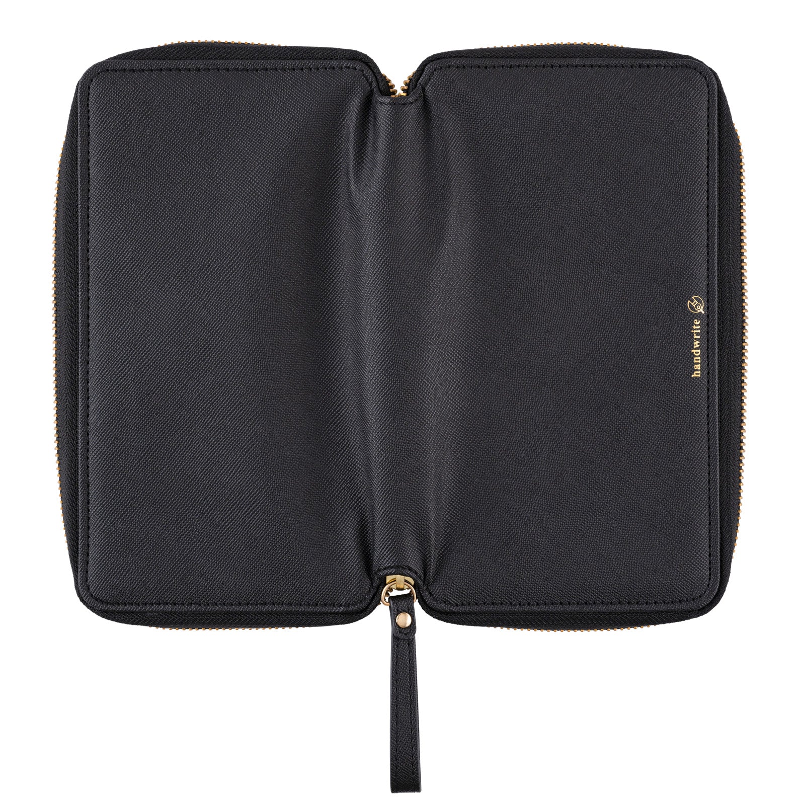 Black zippered fabric case open for Hobonichi Techo Weeks on white background