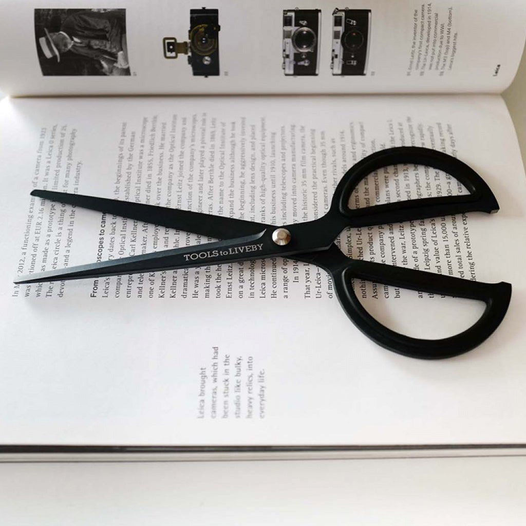 Matte black scissors with rounded handles on open back