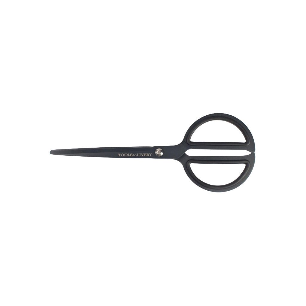 Matte black scissors with rounded handles on white background