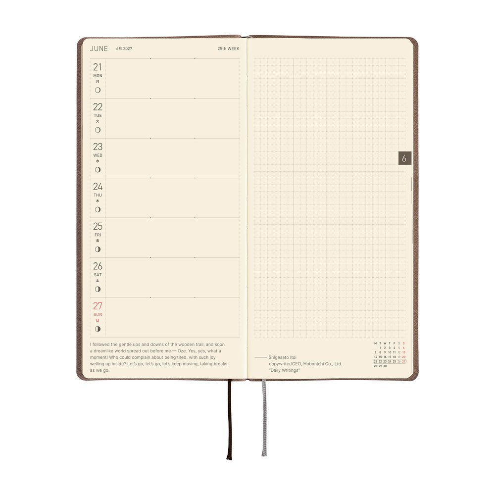 An open weekly planner with cream-colored pages, featuring a left column for Monday through Friday with time slots and brief prompts, a large right grid page for notes.