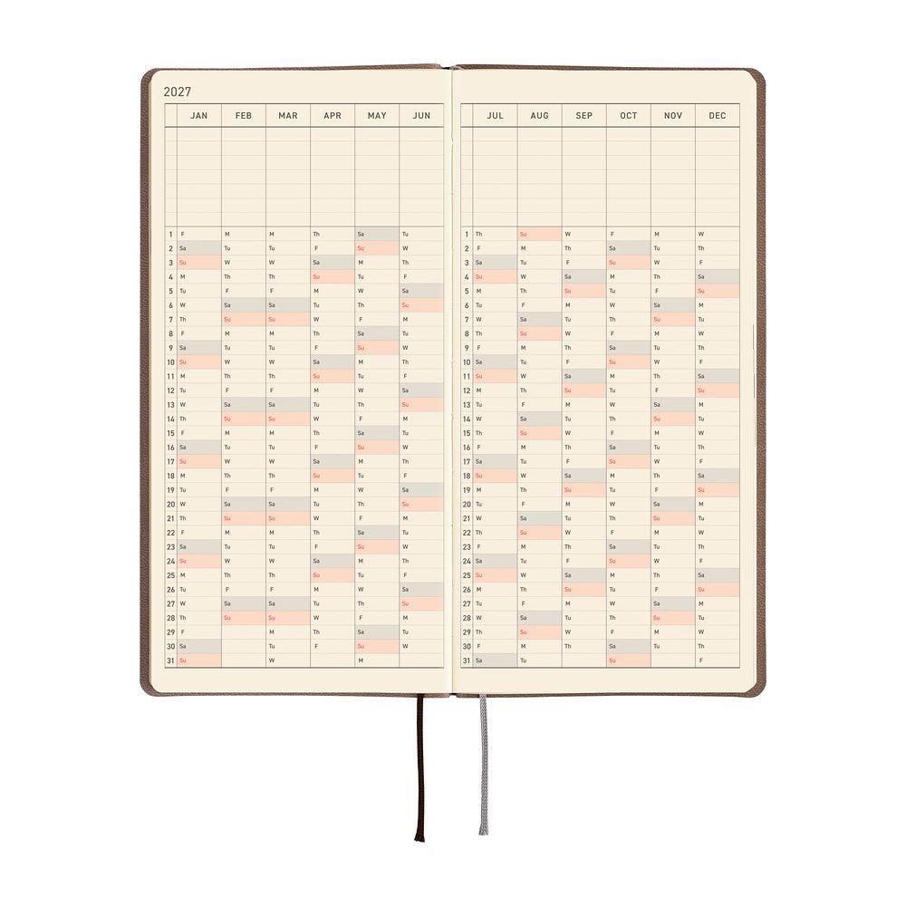 An open 2027 planner showing a two-page yearly calendar on cream pages.