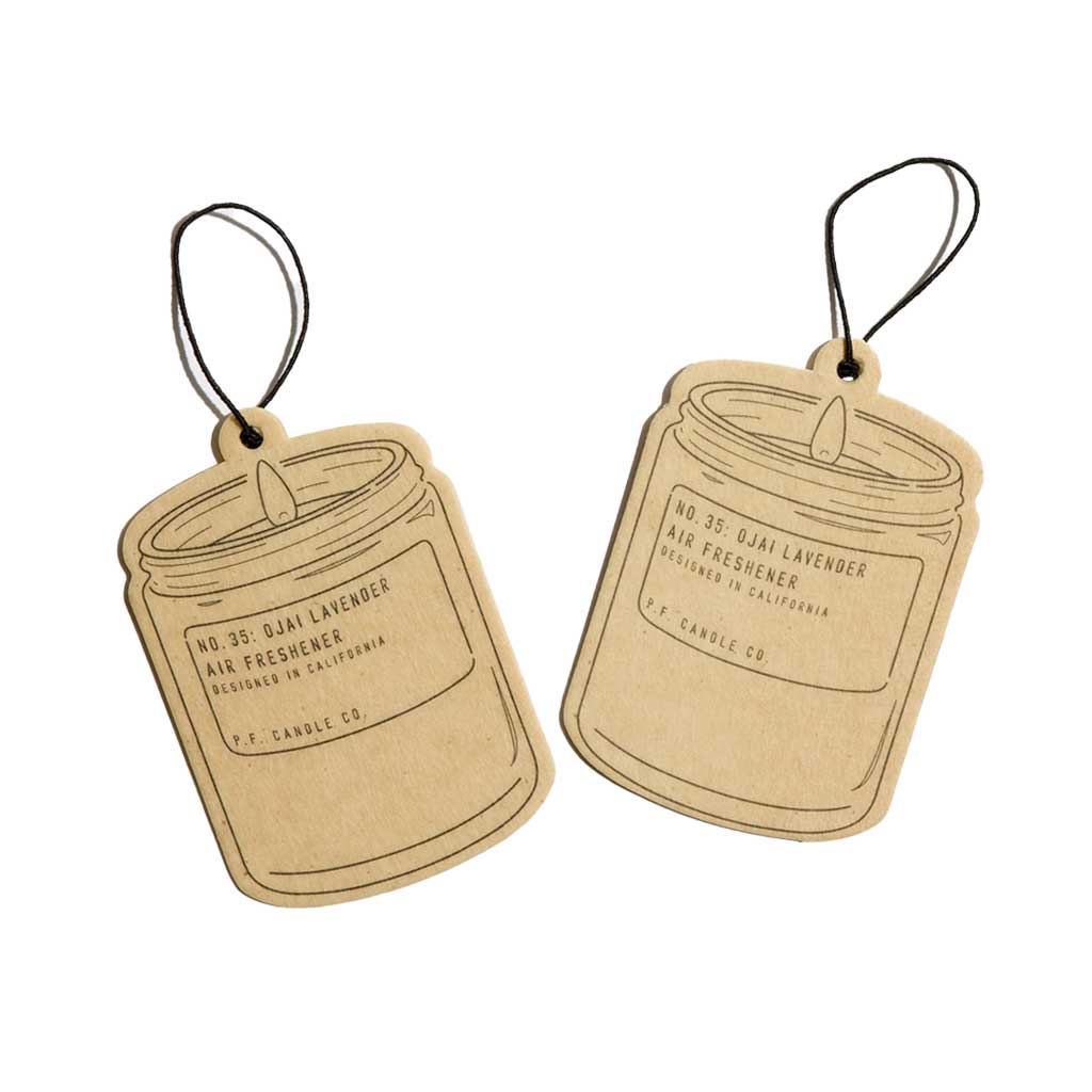 Two Ojai Lavender air freshener tags on white background