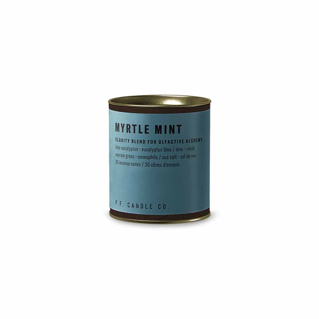 Blue Myrtle Mint incense cones canister on white background