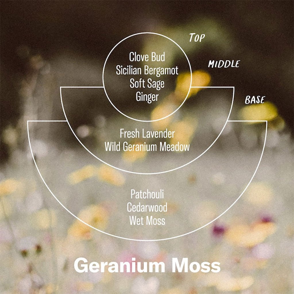 Diagram of a fragrance wheel with 'Geranium Moss' at the bottom, surrounded by floral elements.