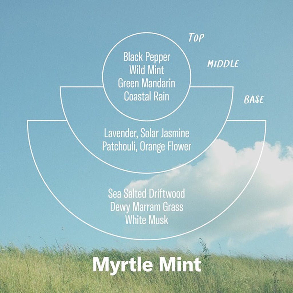 Myrtle Mint scent diagram with sky and grass background