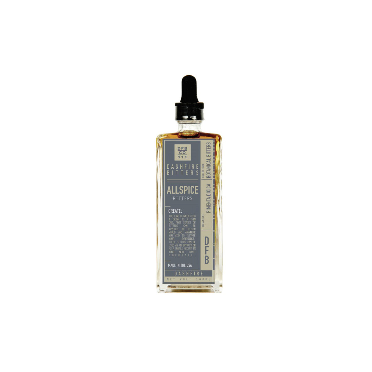 Bottle of allspice bitters on white background