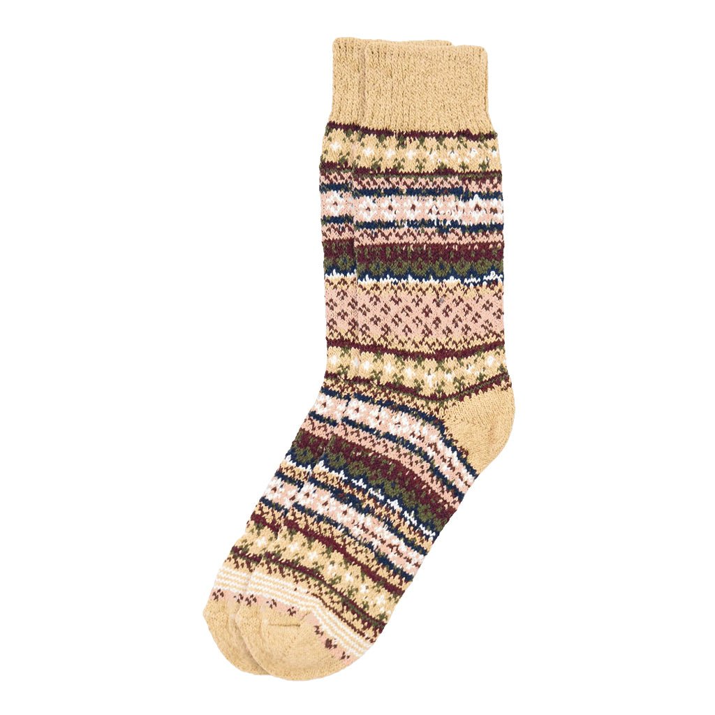 Pair of oatmeal and pink cotton fair isle socks.