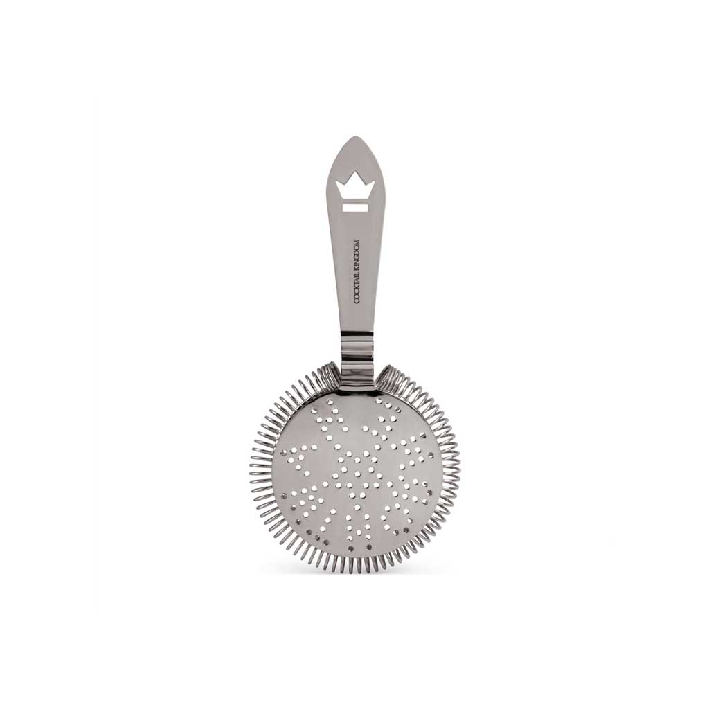 Back of stainless steel Hawthorne-style cocktail strainer upright on white background