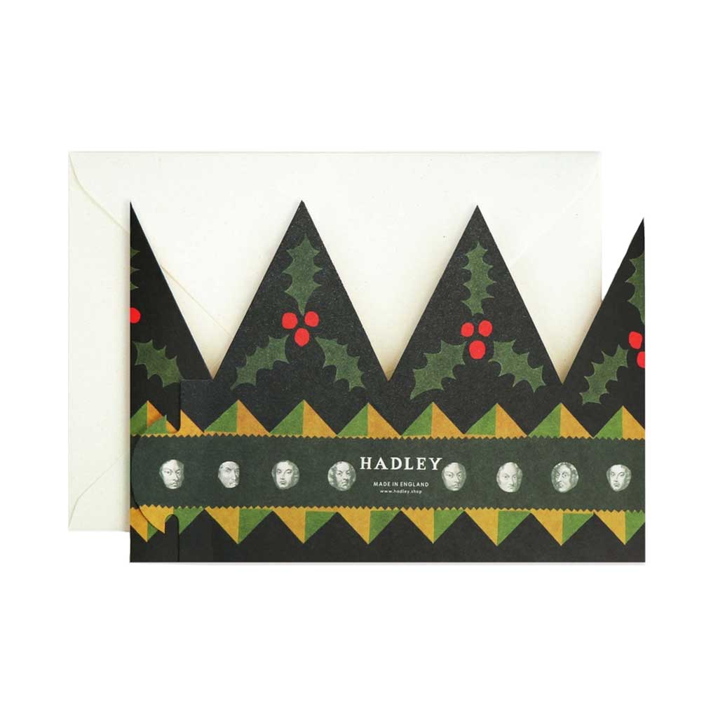 Back of die-cut holiday greeting card crown with text bah humbug