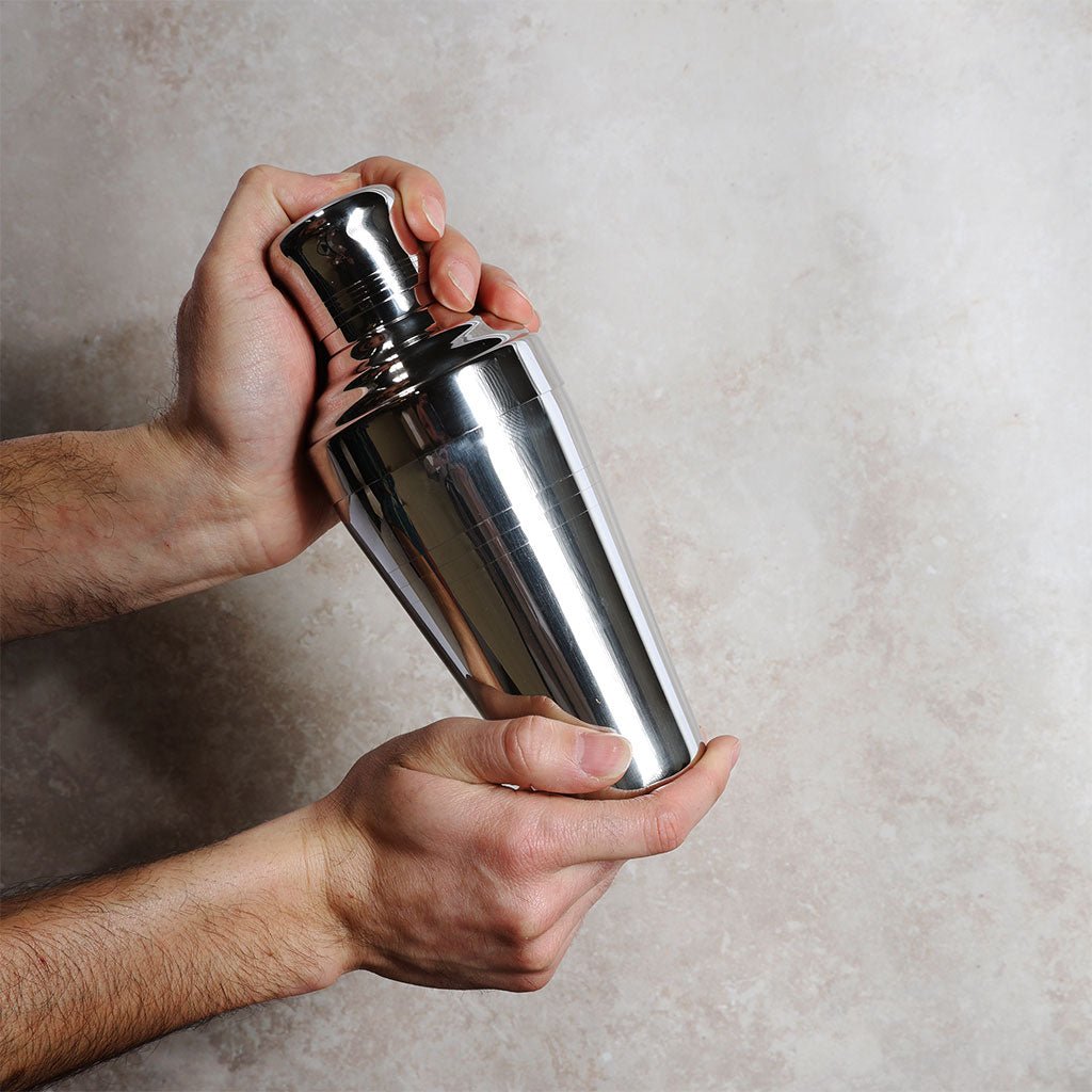 Person holding a silver cocktail shaker against a neutral background