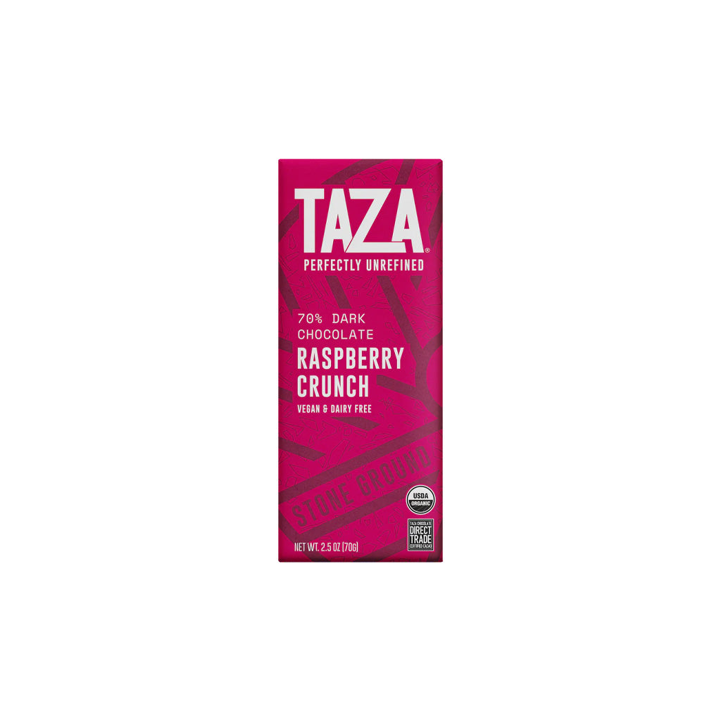 Taza chocolate bar packaging with raspberry crunch flavor on a white background