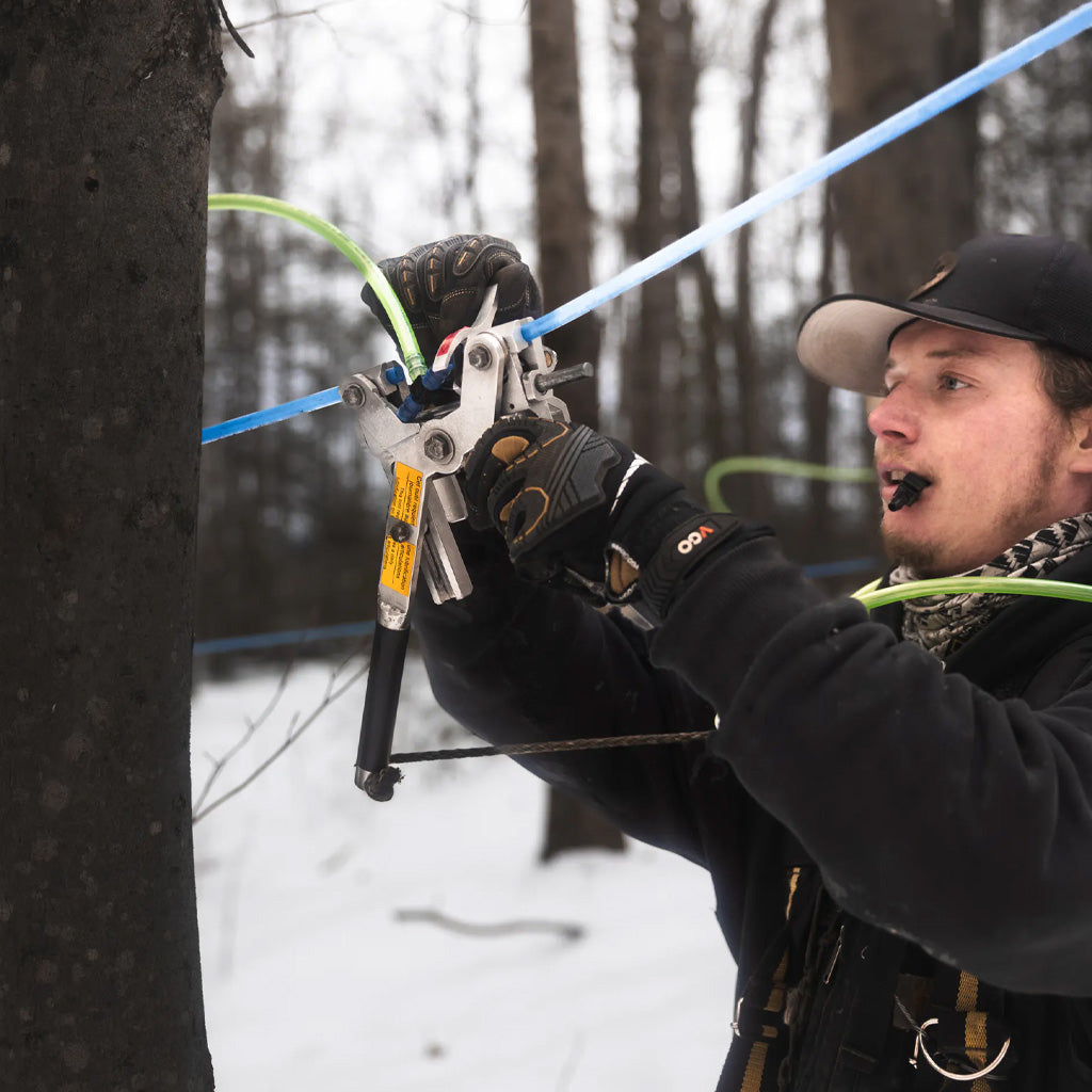 Man tapping syrup from maple tree in snowy woods.