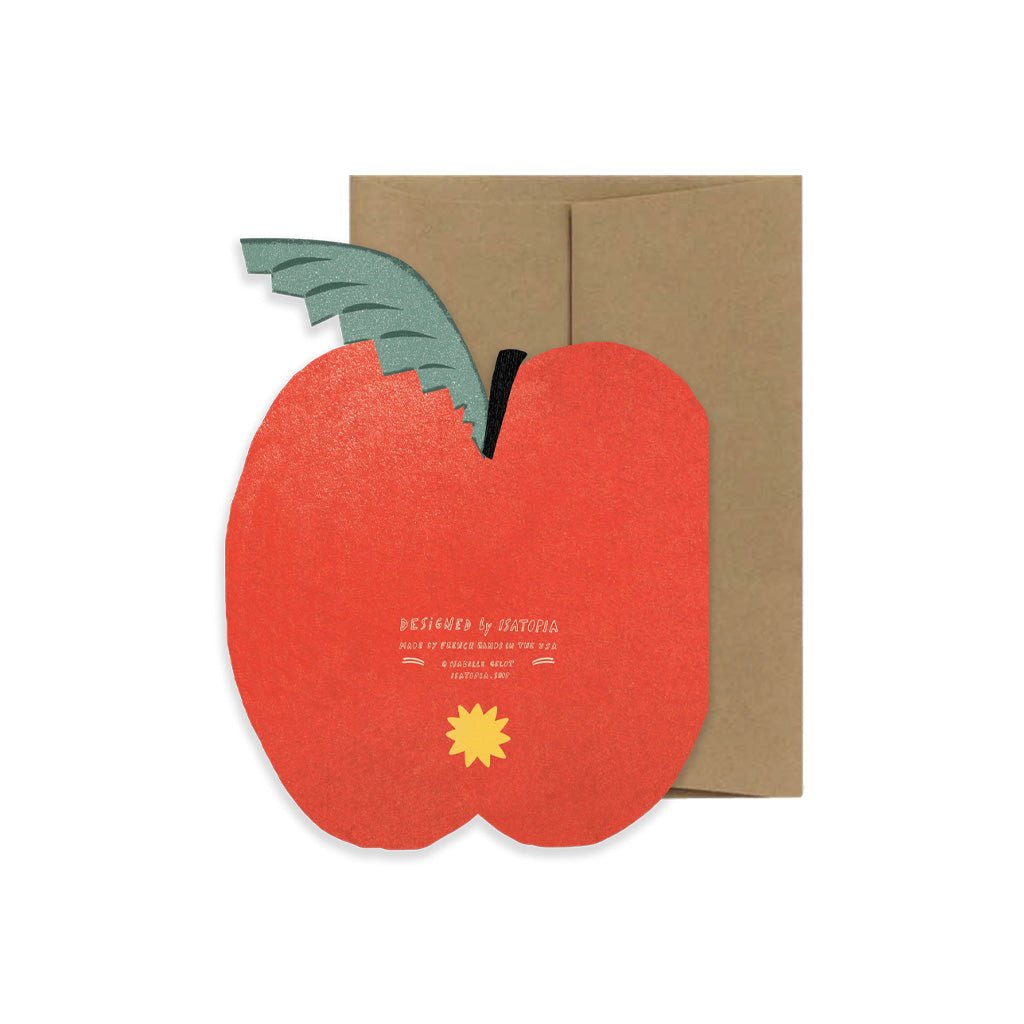 Card shaped like a red apple with a brown envelope on a white background