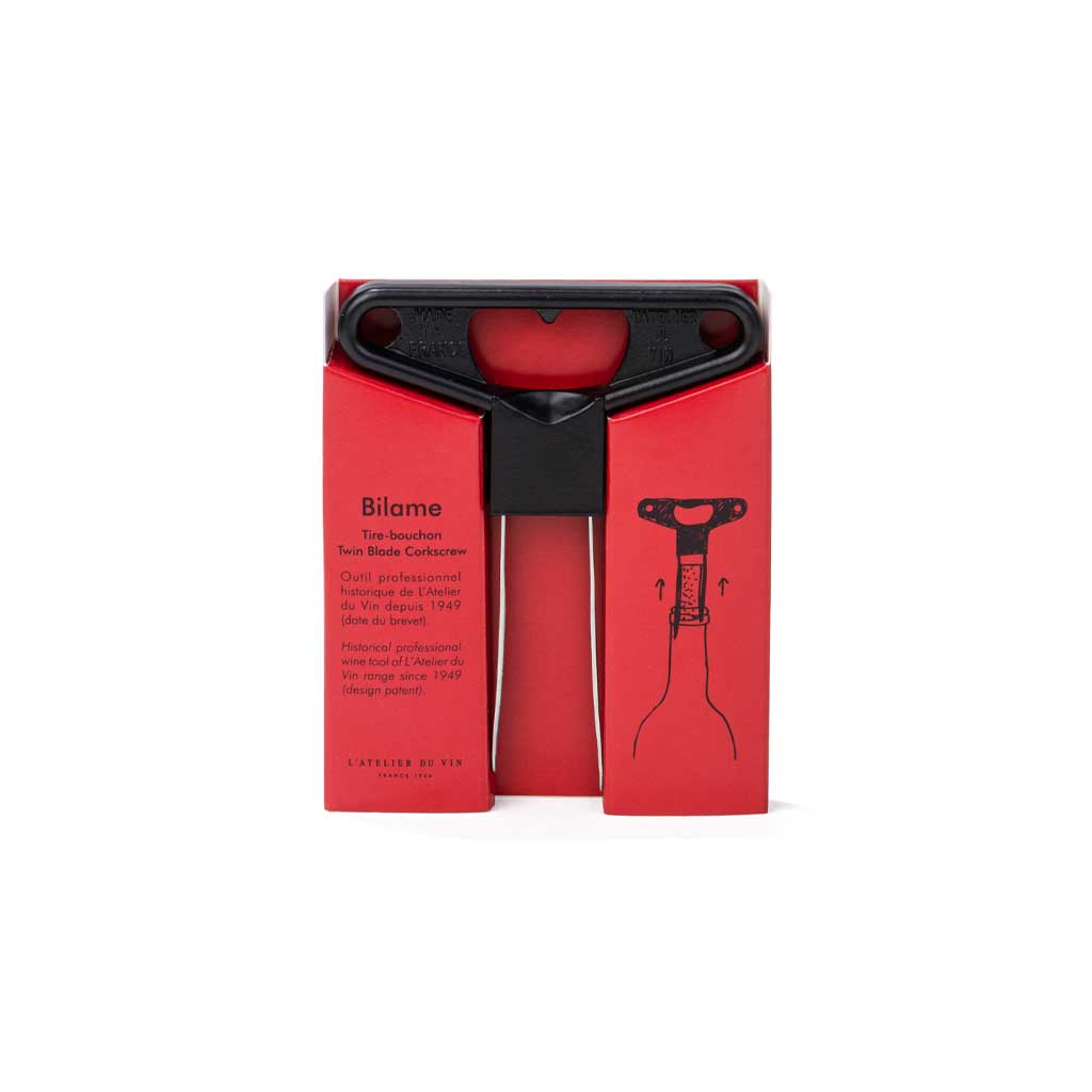 Red packaging of a Bilame wine bottle opener with black accents on a white background