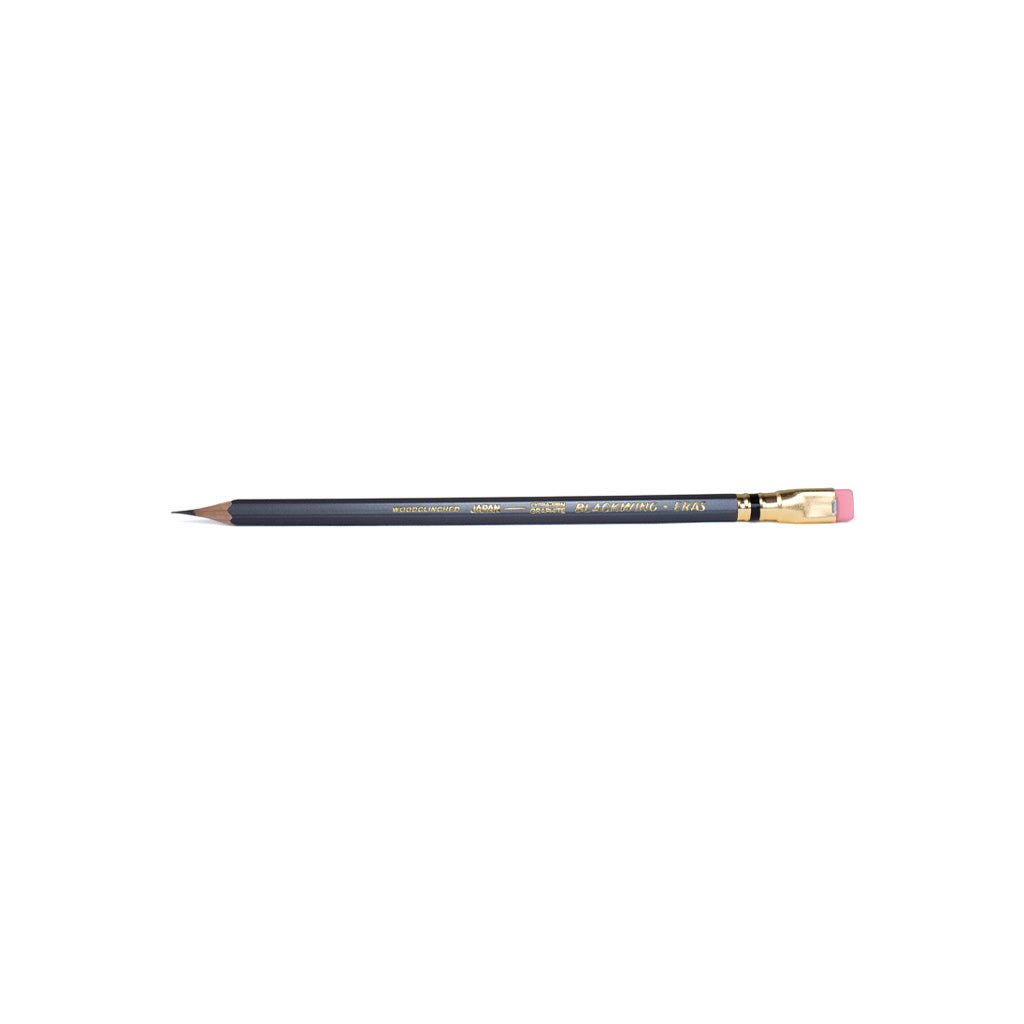 Front of a single gray metallic Blackwing pencil.