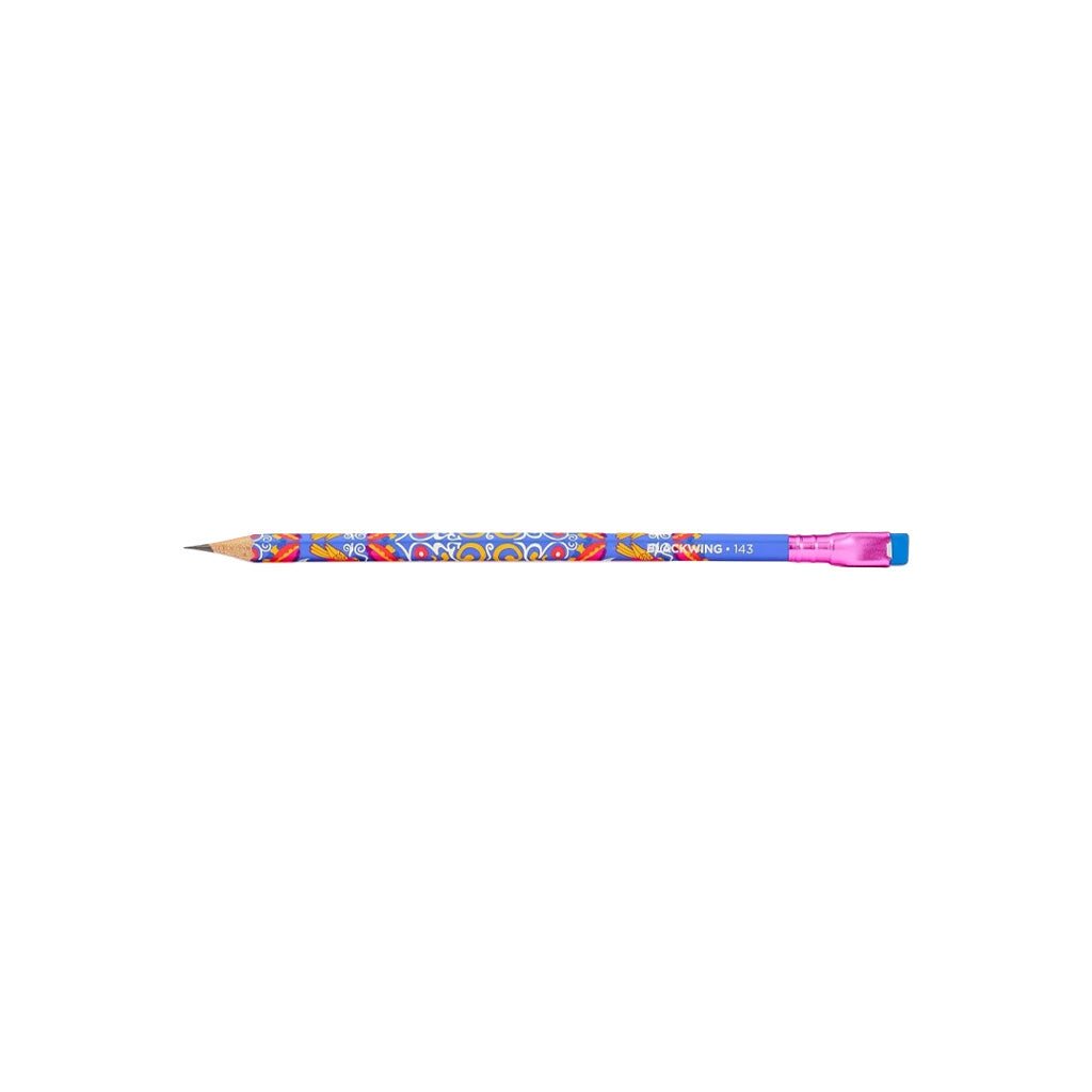 A single colorful pencil with bold floral design.