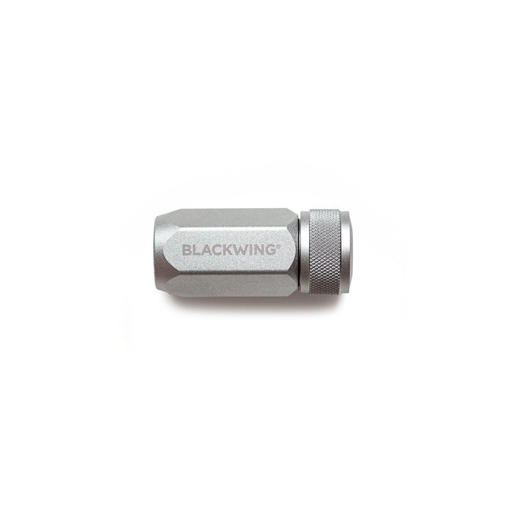 Silver pencil sharpener with Blackwing branding on white background