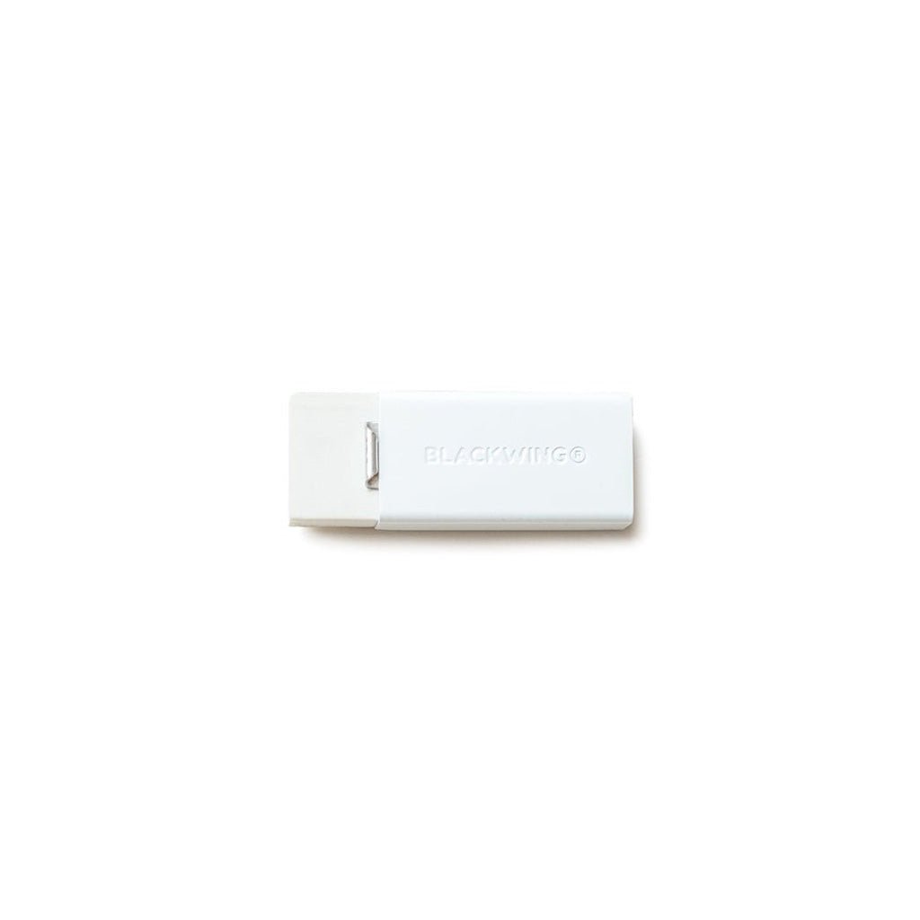 White eraser in white holder with Blackwing branding on white background