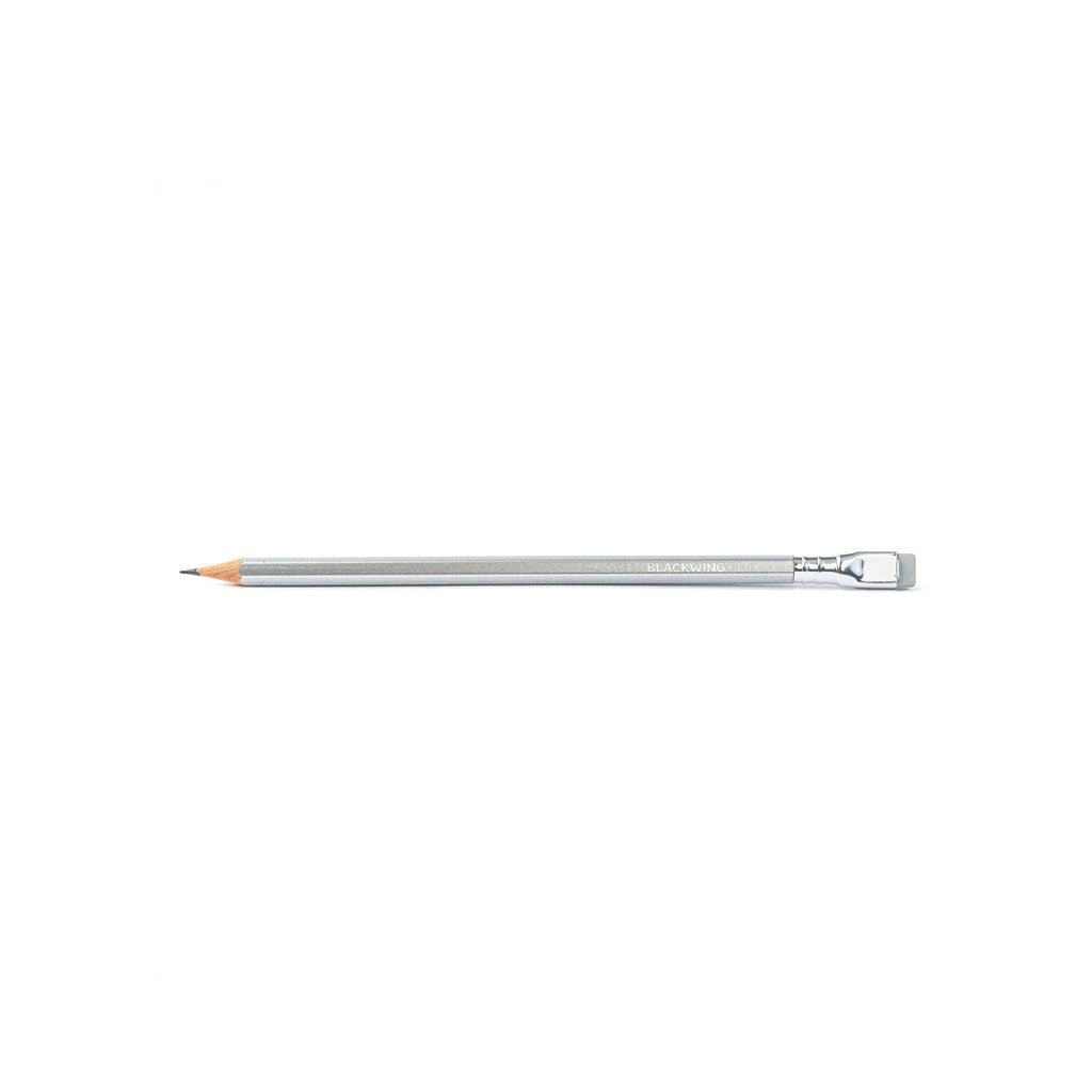 A single Blackwing Volume 140 pencil on a white background. The pencil is silver with a silver ferrule and a light gray eraser. The Blackwing logo is imprinted in silver.