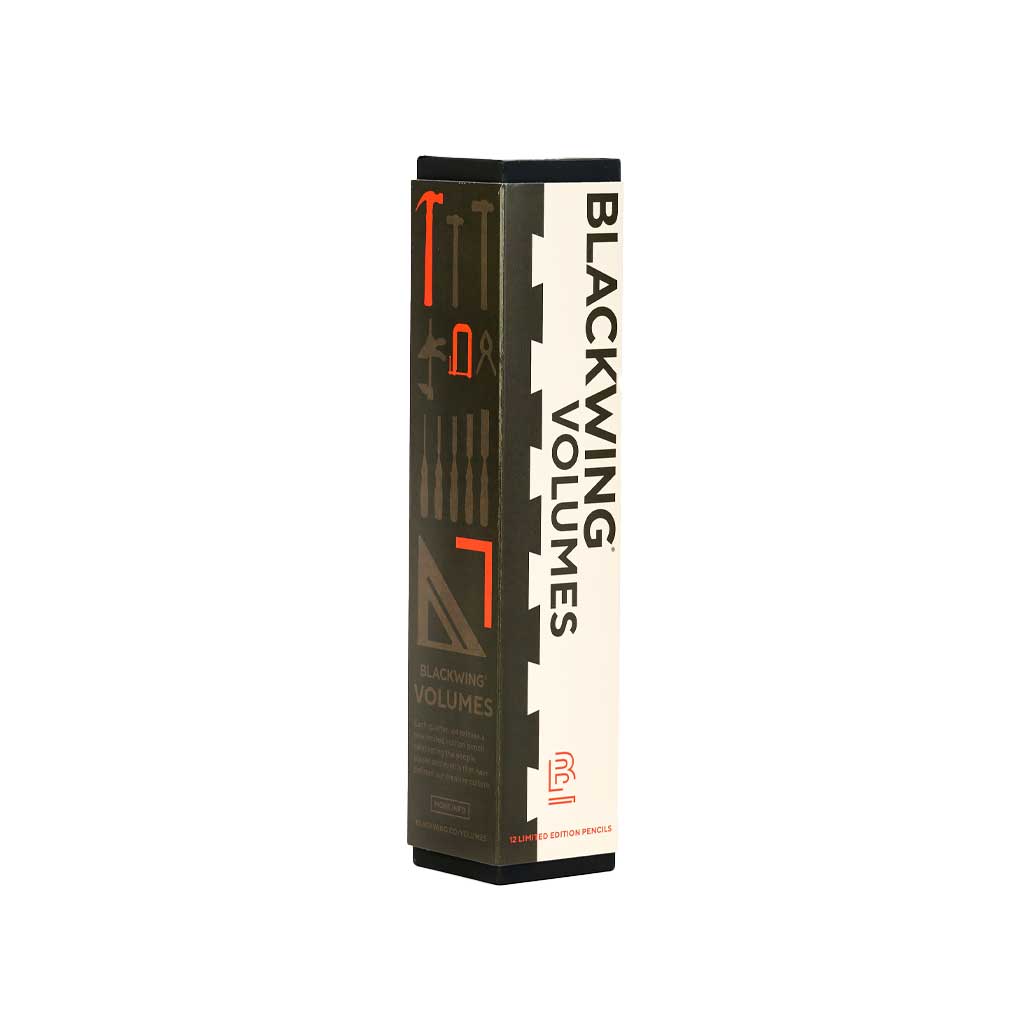 A box of Blackwing Volumes 21 pencils on a white background, side view.