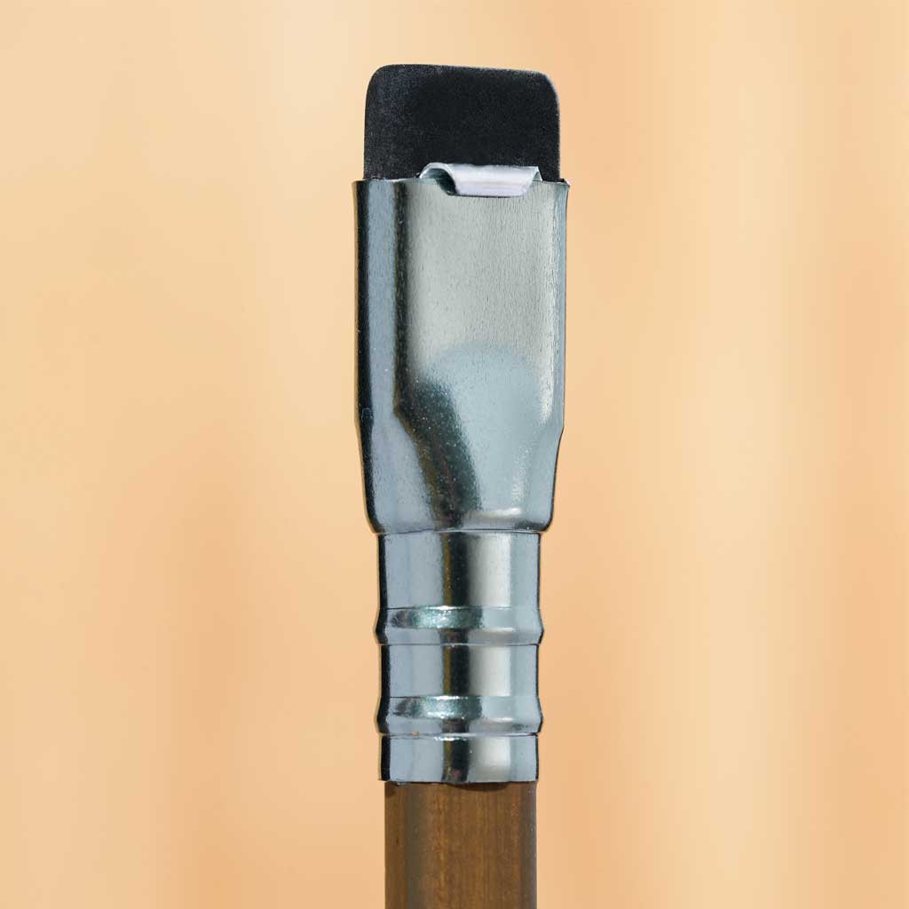A close-up photo showing Blackwing's iconic square eraser and silver ferrule. On this pencil, the ferrule is silver and the eraser is black.