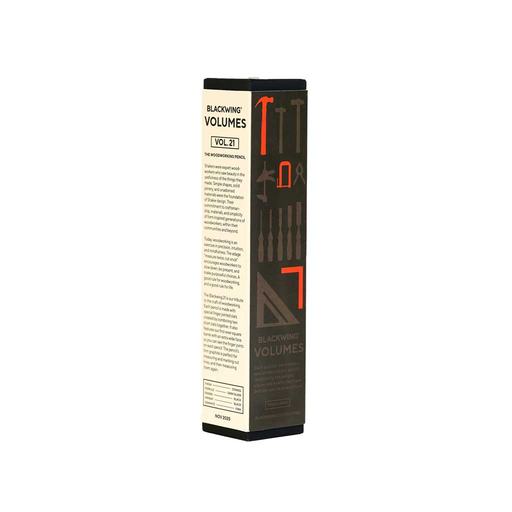 A box of Blackwing Volumes 21 pencils on a white background, back view.