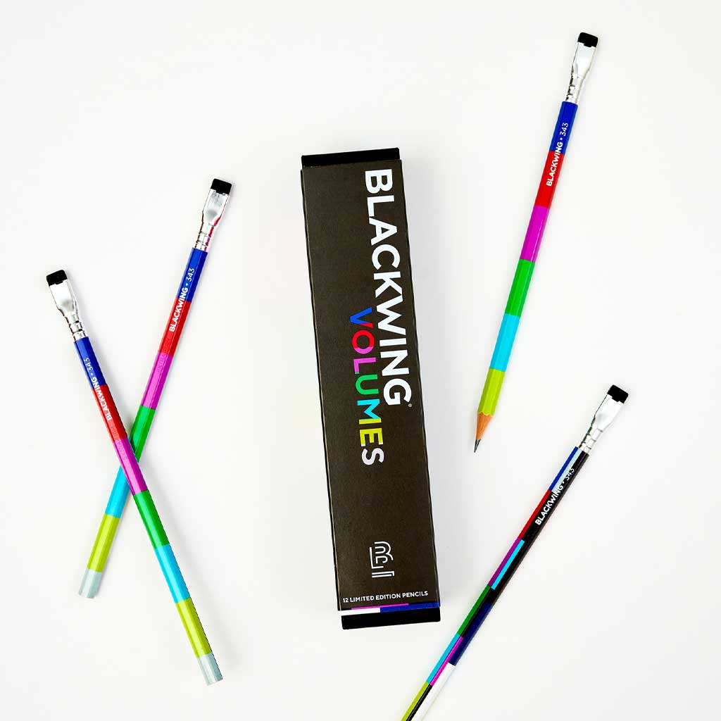 Colorful pencils with a Blackwing Volumes box on a white background