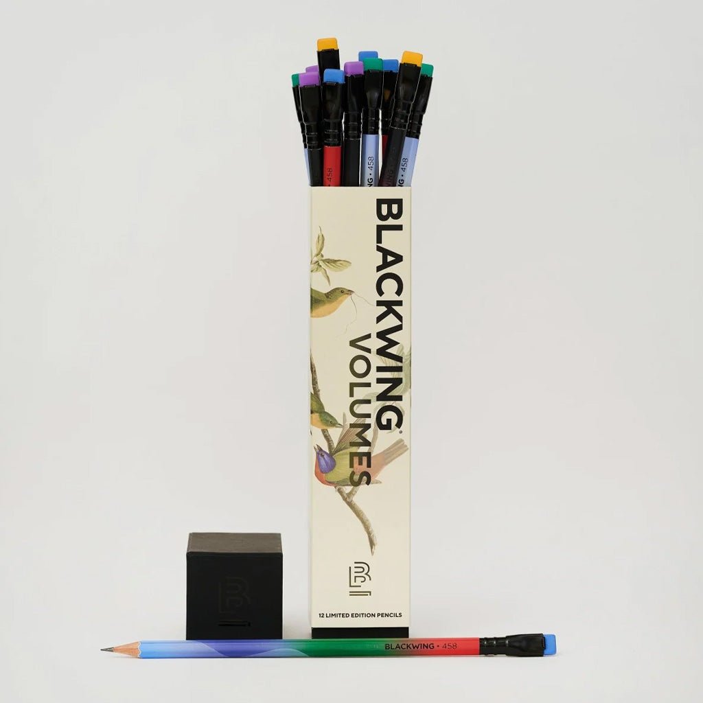 Box of Blackwing volume 458 pencils with bird designs on white background