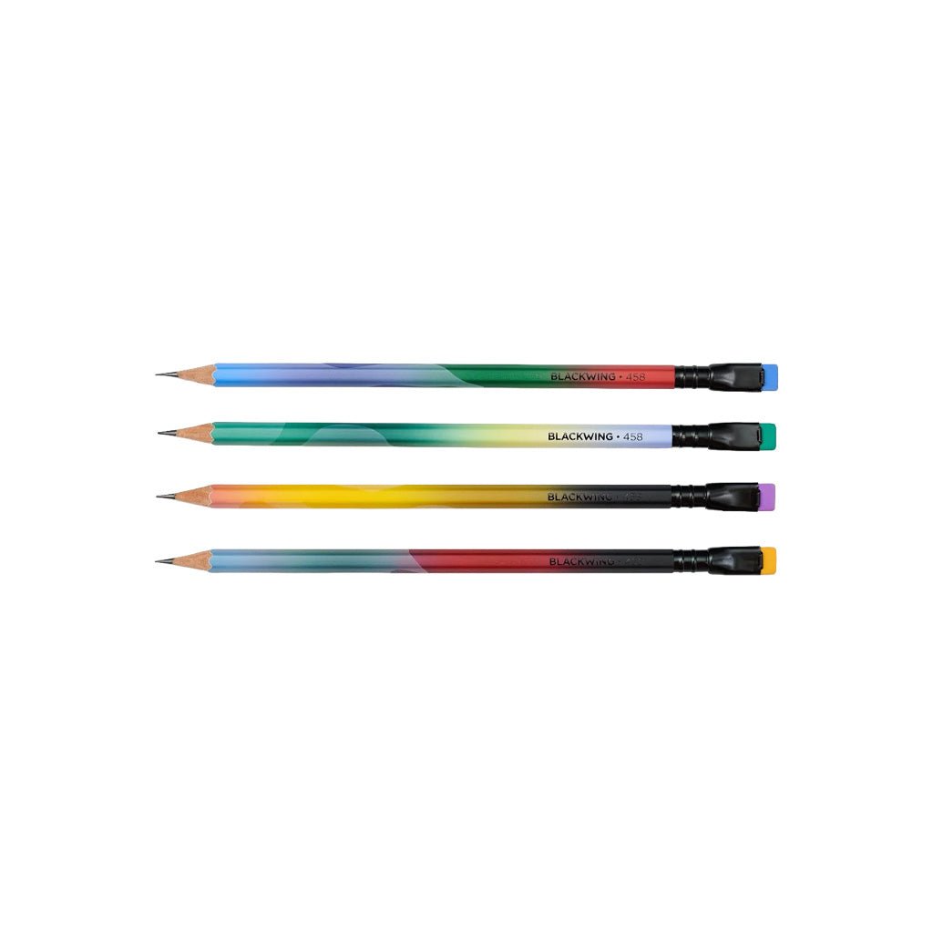 Four Blackwing volume 458 pencils with gradient designs on white background