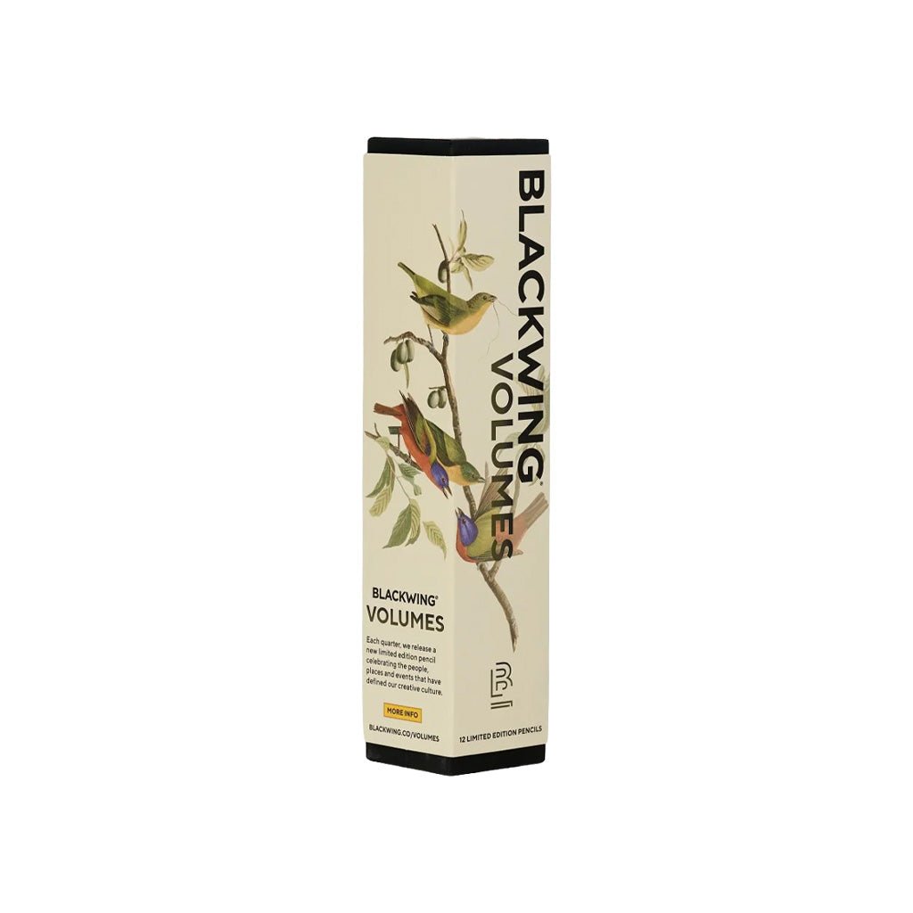 Box of Blackwing volume 458 pencils with bird designs on white background