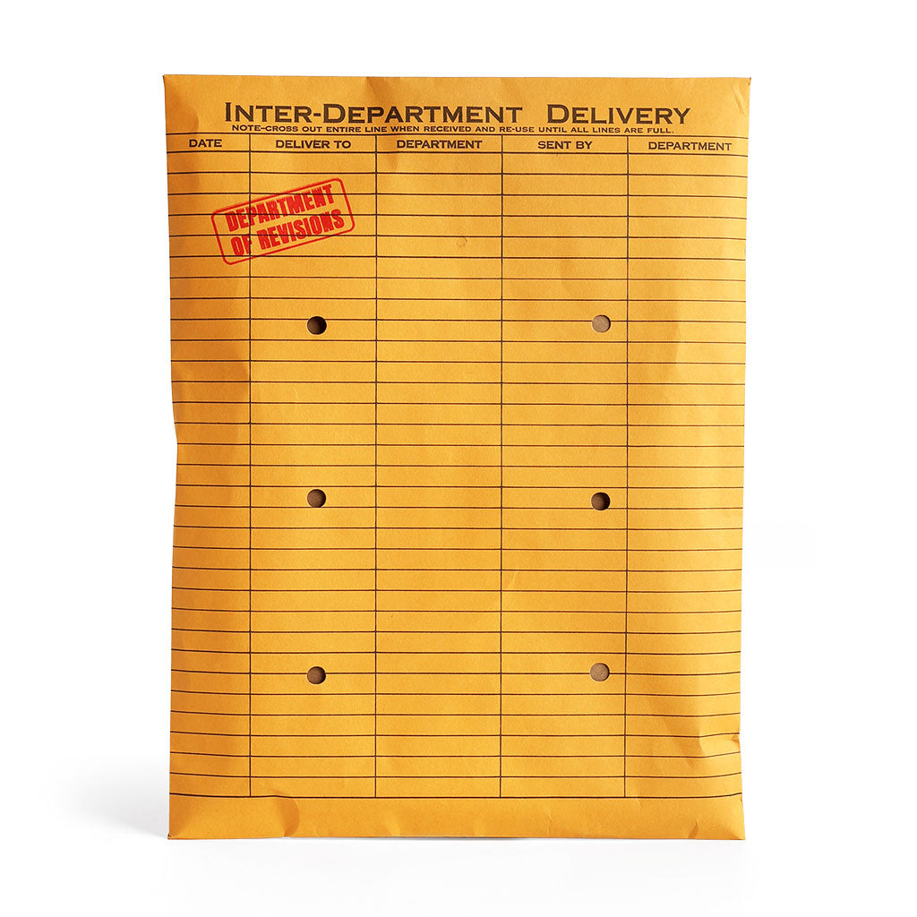 A yellow-orange inter-department delivery envelope with printed columns and lines, stamped with 'Department of Reviews' in red.