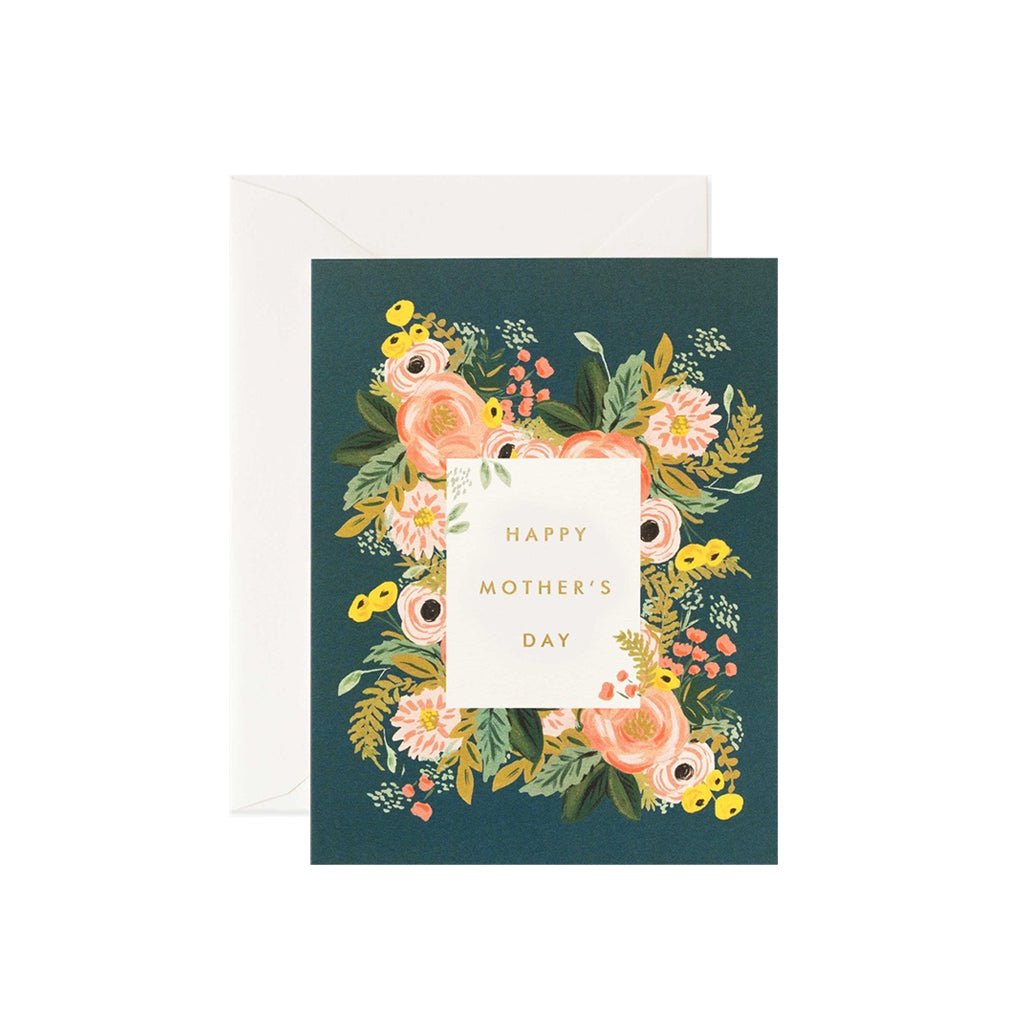 A Mother's Day greeting card with a floral design on a dark green background, featuring a white panel with the text 'Happy Mother's Day' in gold. Accompanied by a white envelope.