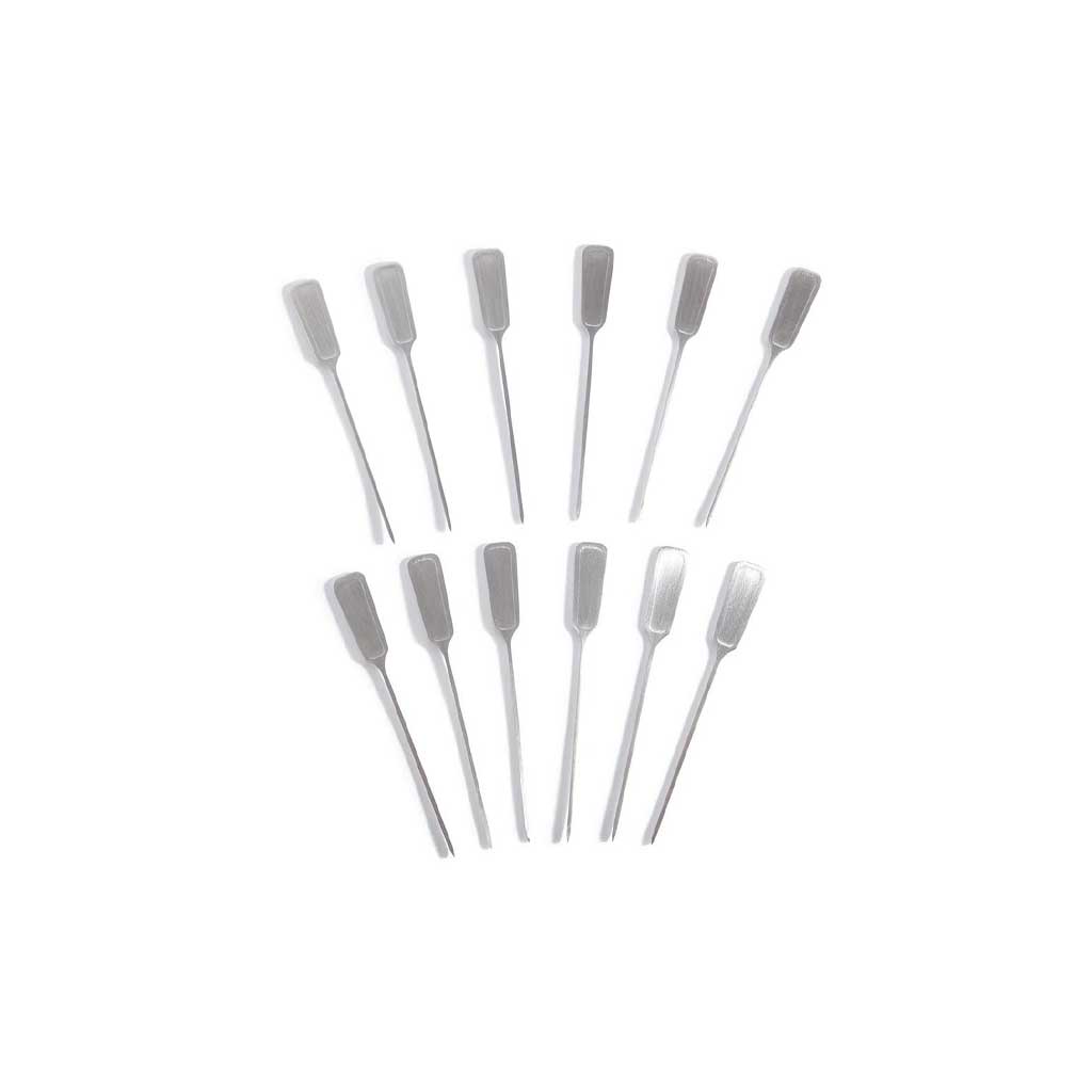 Set of 12 stainless steel cocktail picks on white surface