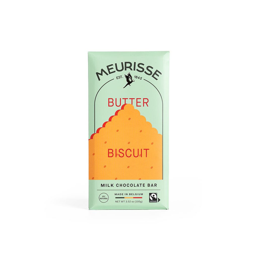 Meurisse Butter Biscuit milk chocolate bar packaging on a white background