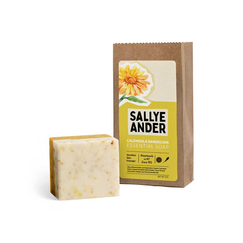 Block of SallyeAnder Calendula Dandelion Essential Soap on white background
