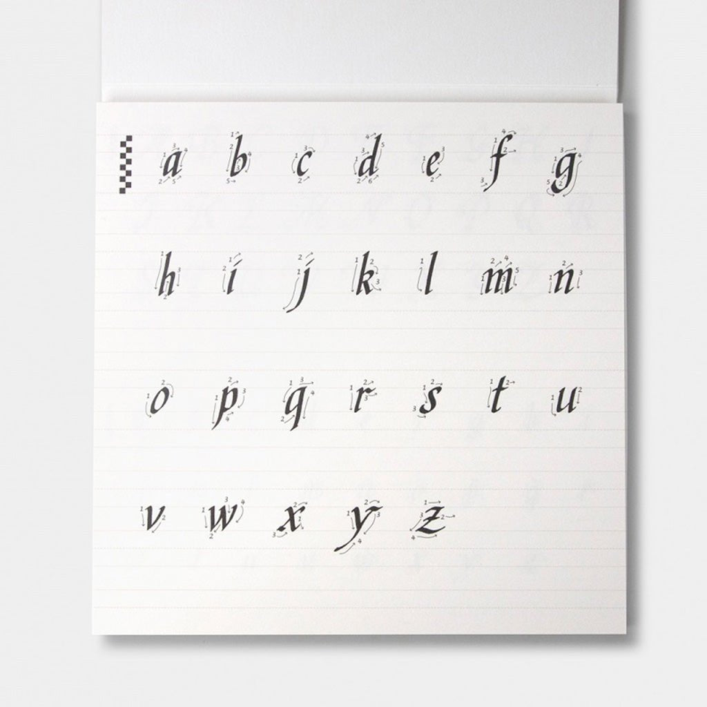 A calligraphy guide sheet with lowercase letters and guide lines on light background