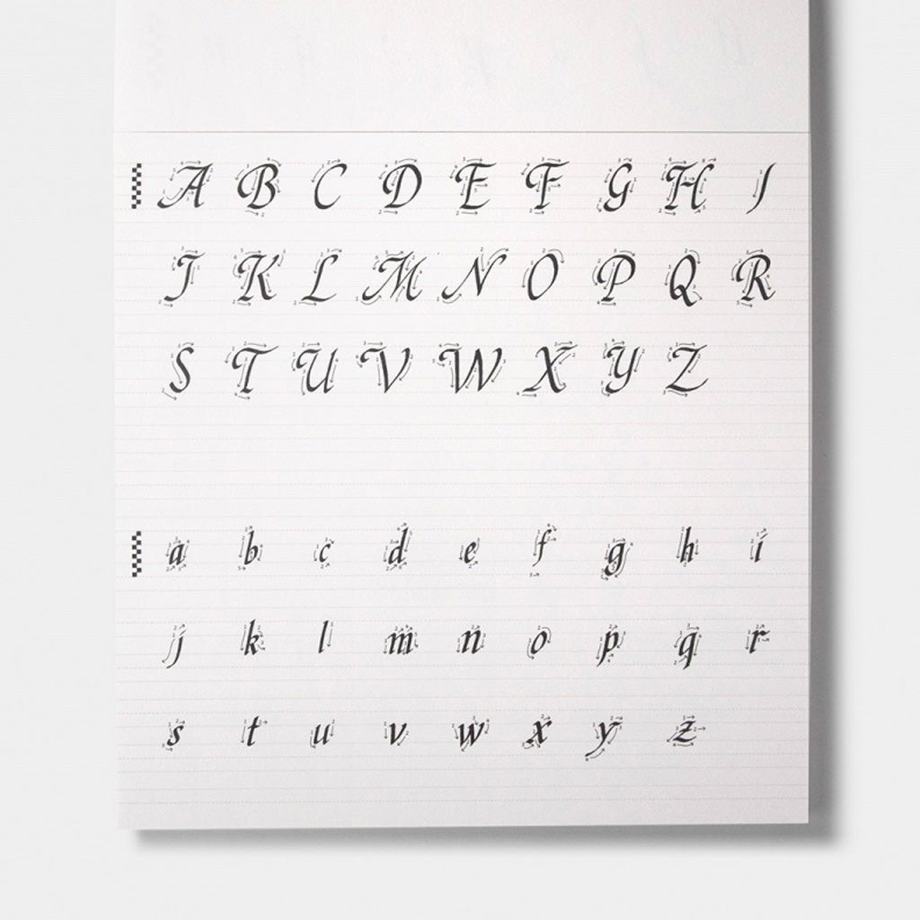 A calligraphy guide sheet with uppercase and lowercase letters and guide lines on light background
