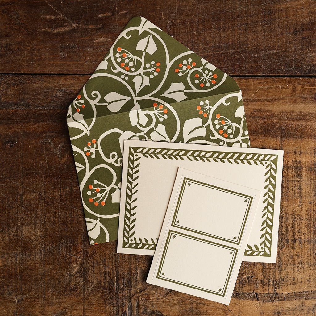 Green Ivy Notecard and Envelope Set with olive green botanical envelope, leafy bordered notecard, and matching labels.