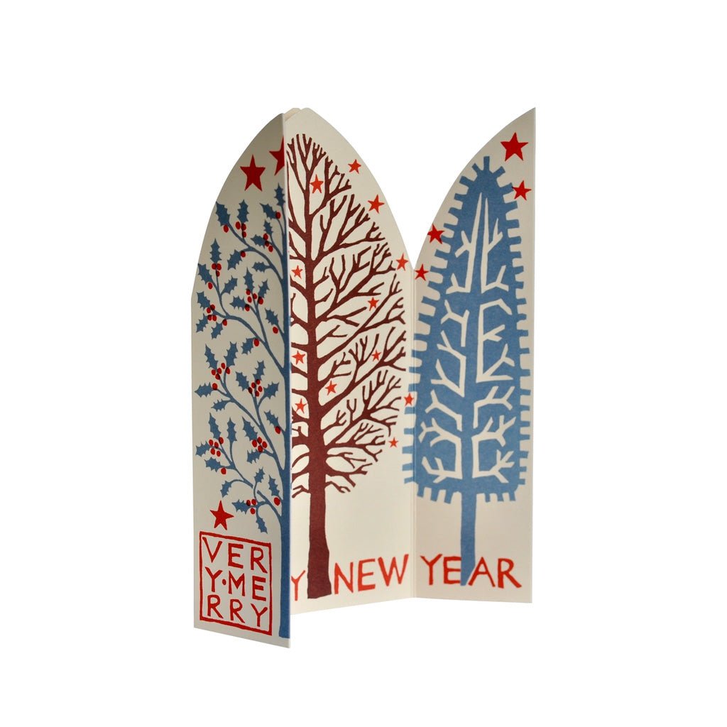 A decorative New Year's Day card with three arched panels showing stylized trees in blue, red, and brown on an off-white background, with the text 'VERY MERRY' and 'NEW YEAR'.