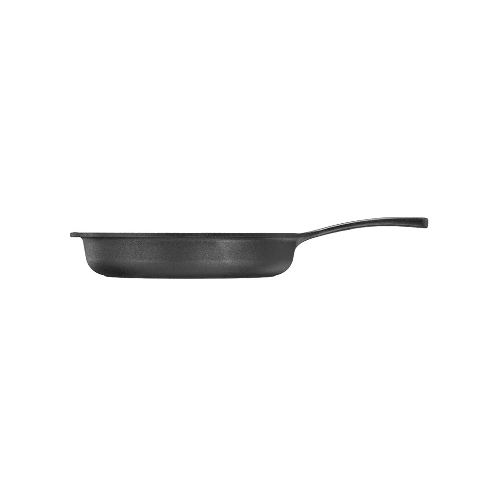 Side profile of deep 9.75 inch cast iron skillet frying pan on white background