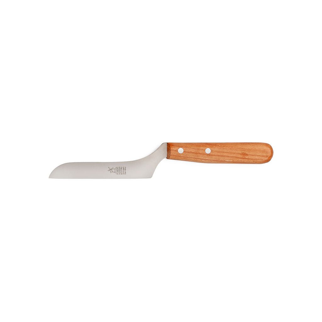 L-shaped cherrywood cheese and salami knife on white background