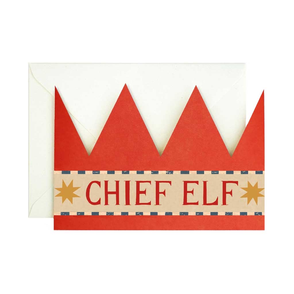 Red 'Chief Elf' crown party hat card with beige band on a white background