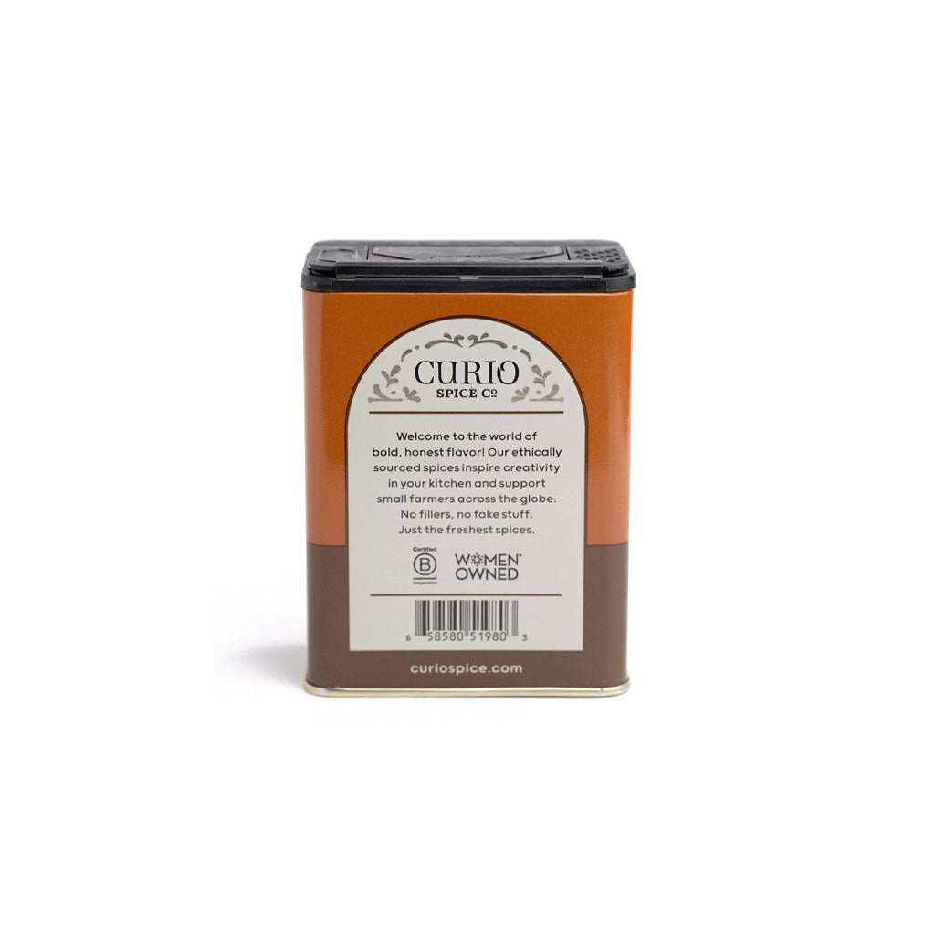 Orange tin of Chili Today! seasoning blend by Curio Spice Company on white background