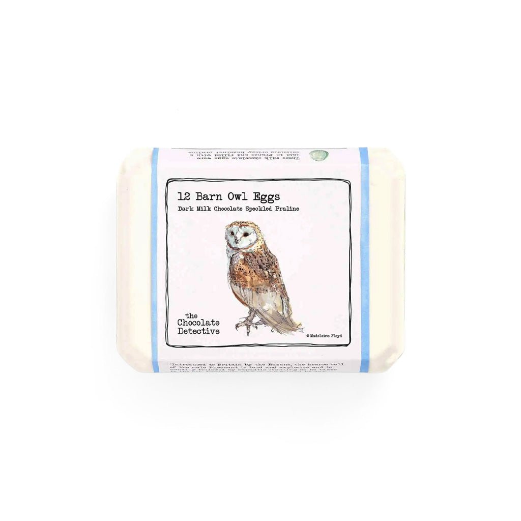 A carton of chocolate Barn Owl Eggs with illustrated label.
