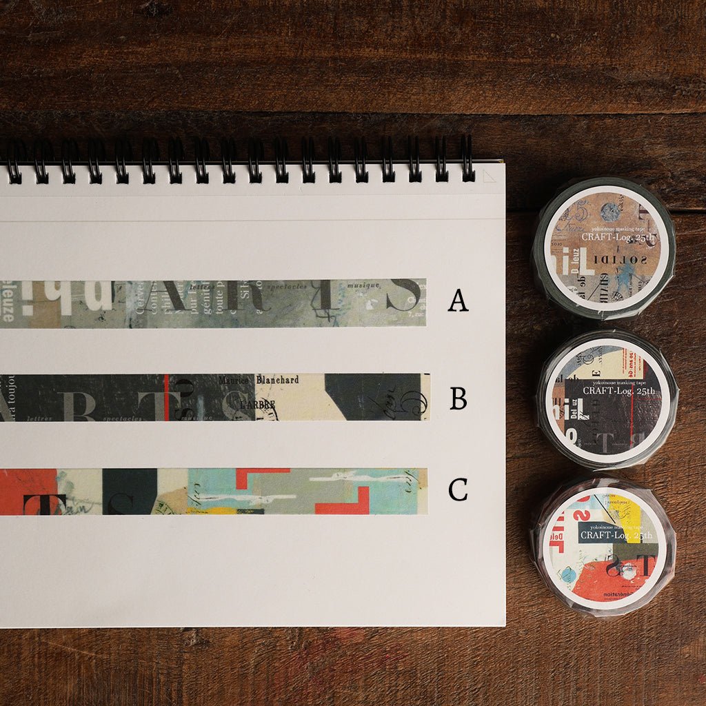 Three rolls of decorative washi tape with vintage-style collage patterns and text, labeled A,B and C.