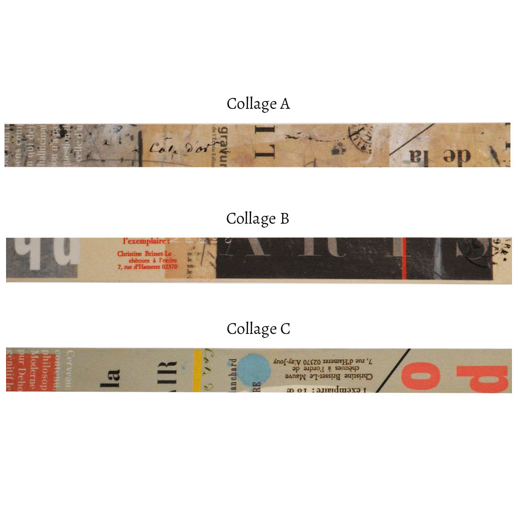 Three horizontal collage strips of washi tape labeled Collage A, Collage B, and Collage C on a white background. Each strip is a narrow abstract artwork made from beige paper, black text and blocks, and small red and blue accents.