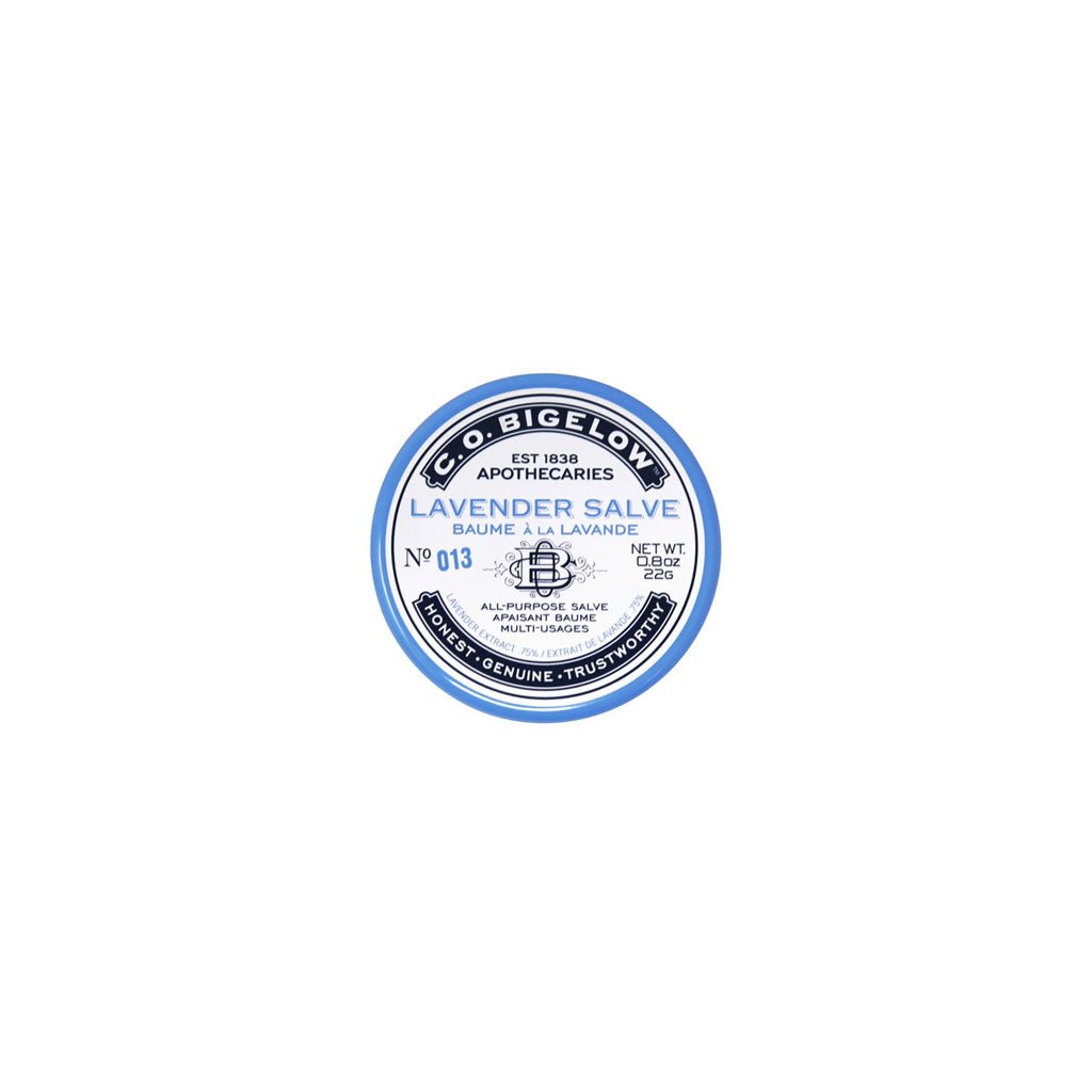 Closed tin of Lavender salve with blue details.