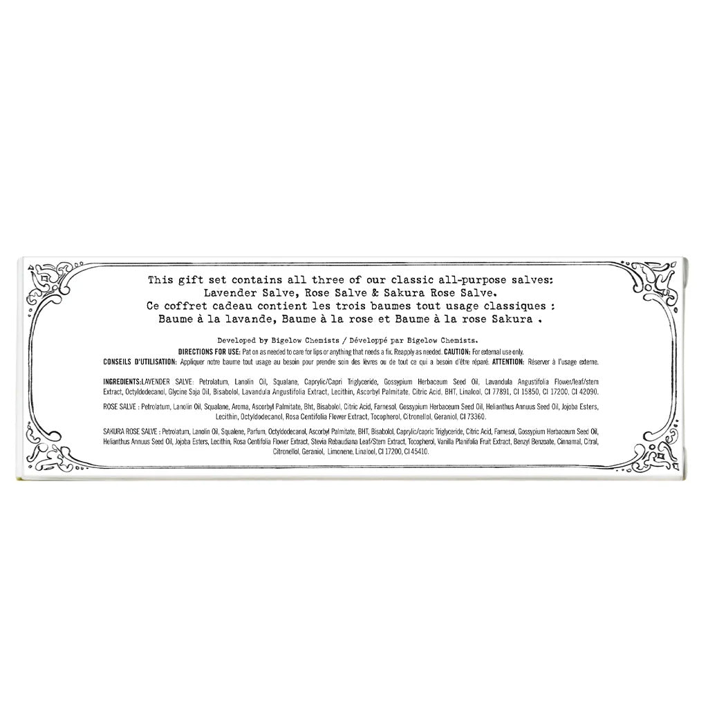 Back of salve trio set packaging.