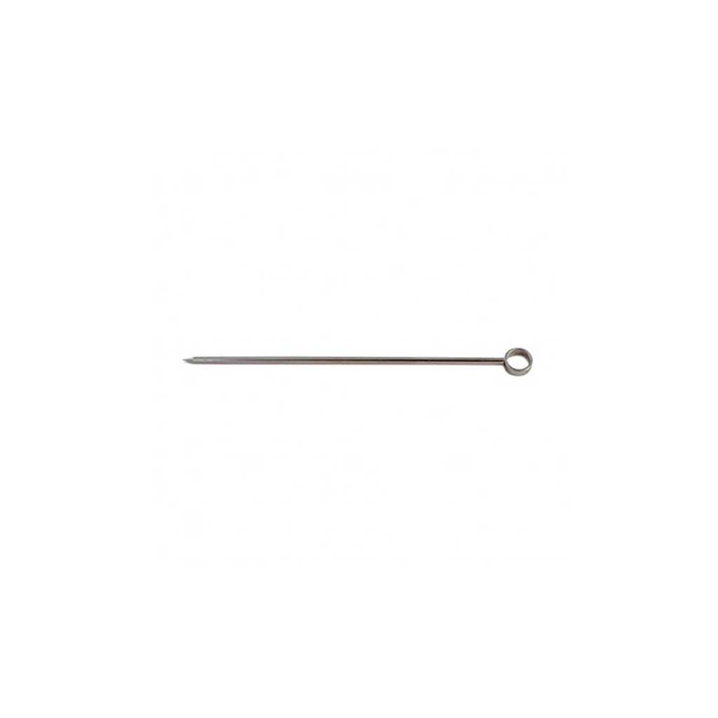 Stainless steel cocktail pick with rounded end on white background