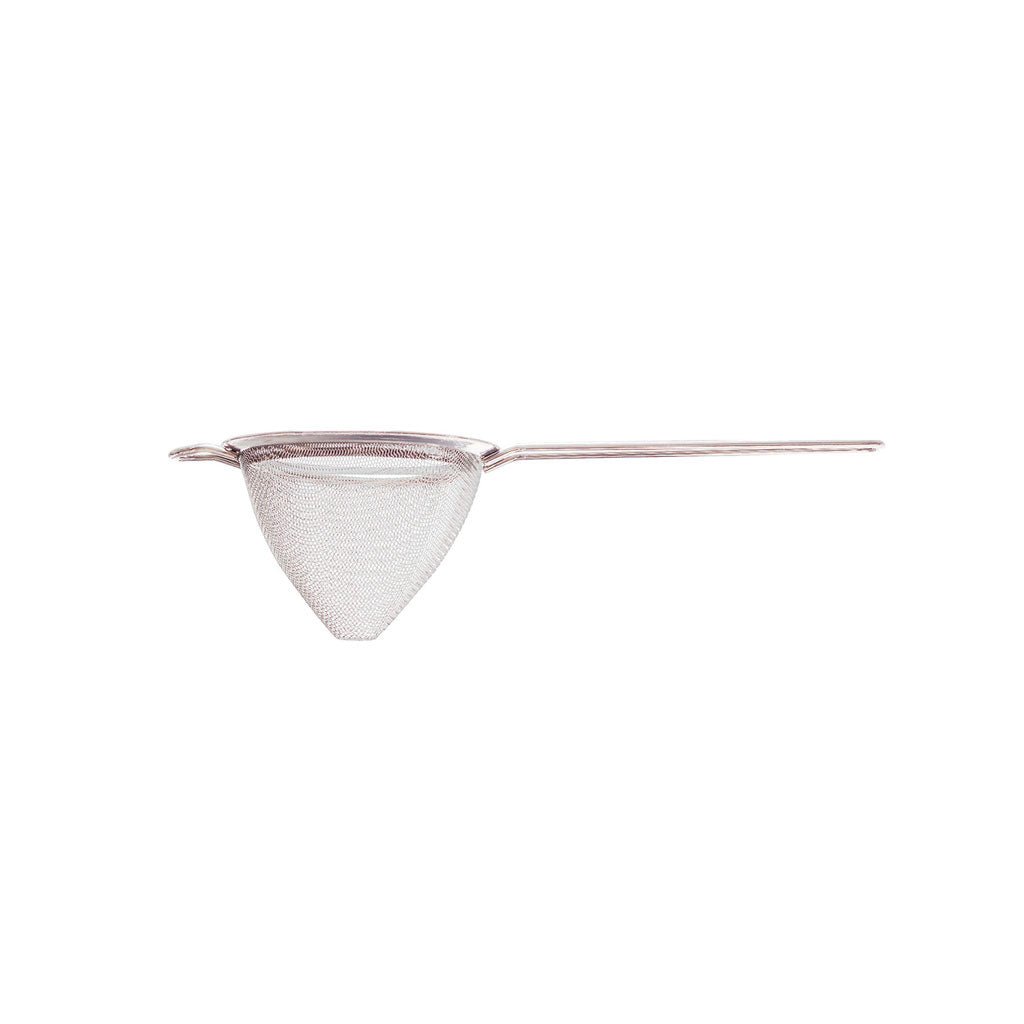 Stainless steel conical strainer with long handle on white background
